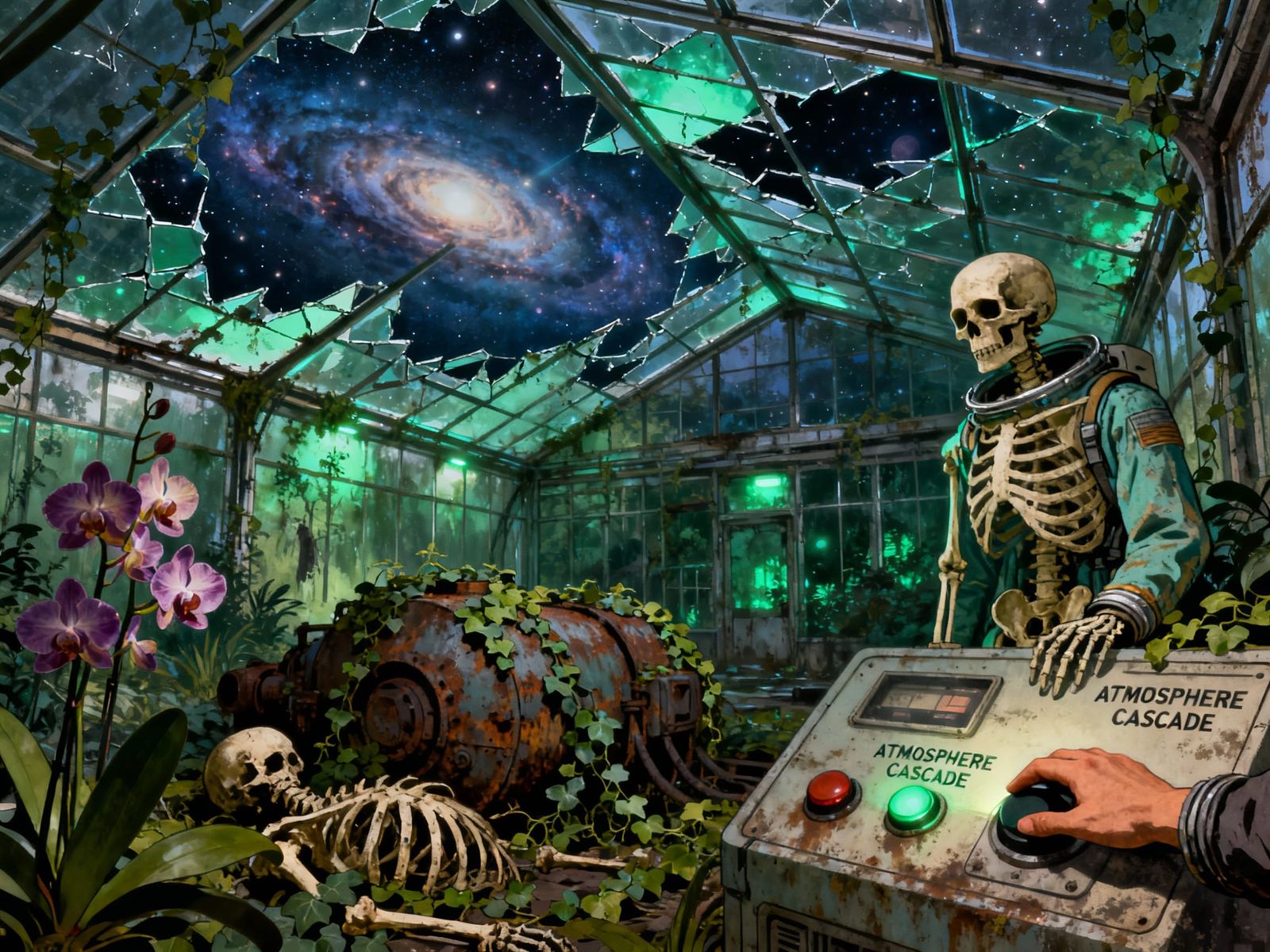 Derelict Space Station Greenhouse with Nebula View