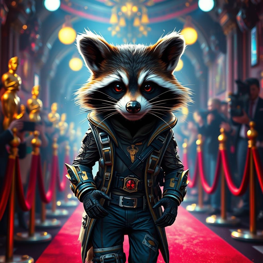 Glamorous Cyberpunk Raccoon Strides Down Red Carpet