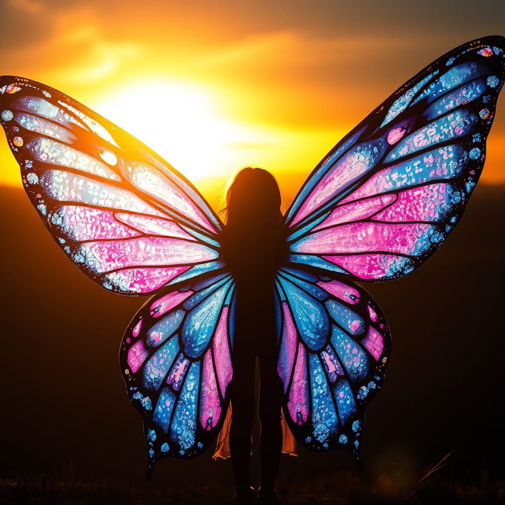Girl With Mystical Butterfly Wings at Sunset