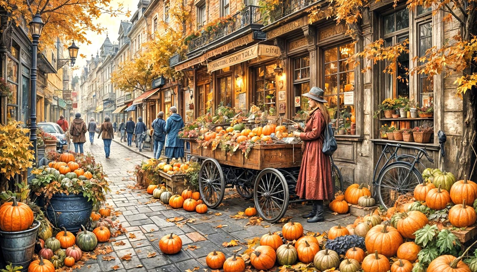 Autumn Street Scene Watercolor Painting in Maximalist Style