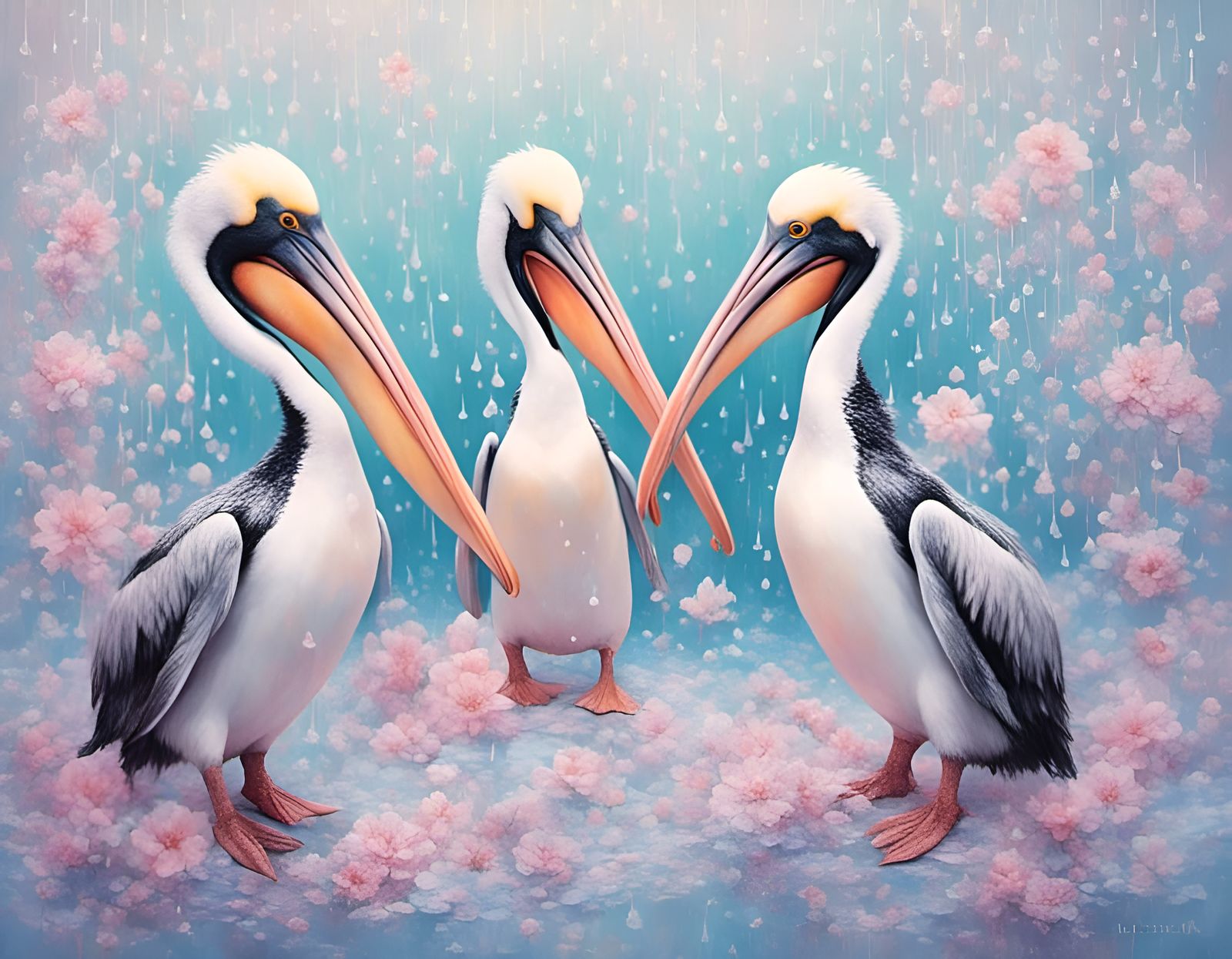 Playful Pelicans Pestering Penguins in Pastel