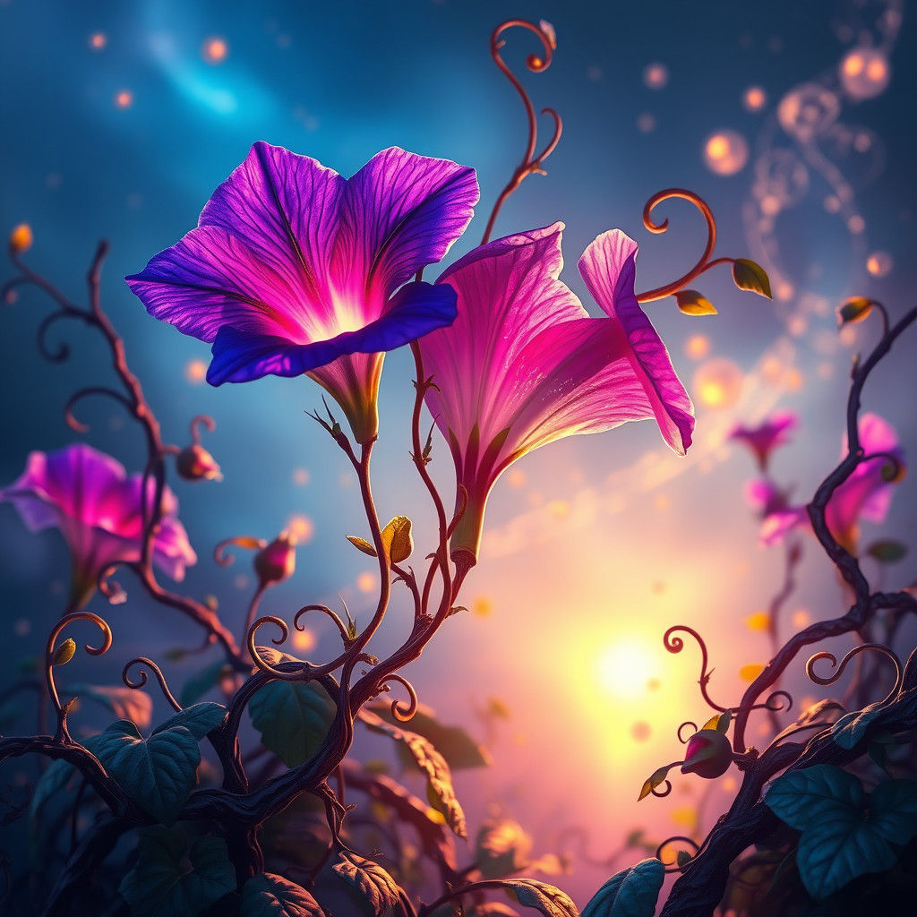 Iridescent Morning Glories in a Dreamlike Landscape