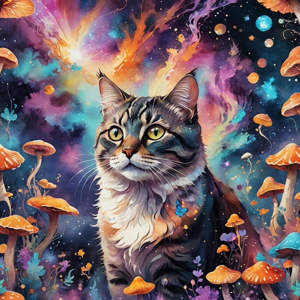 Cosmic Cat in Astral Dreamscape: Mixed Media Illustration