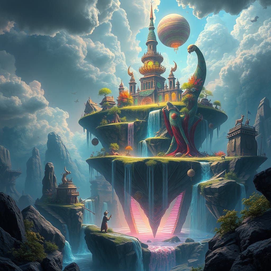 Surreal Floating Island with Glowing Waterfalls