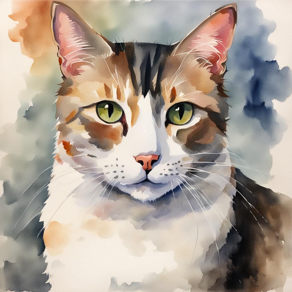Watercolor Cat Portrait Painting