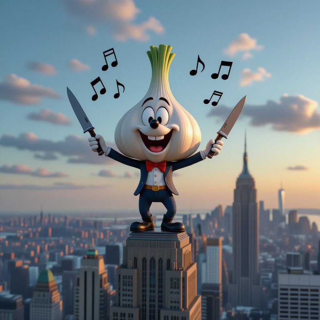 Goofy Garlic Singing on Top of a Skyscraper