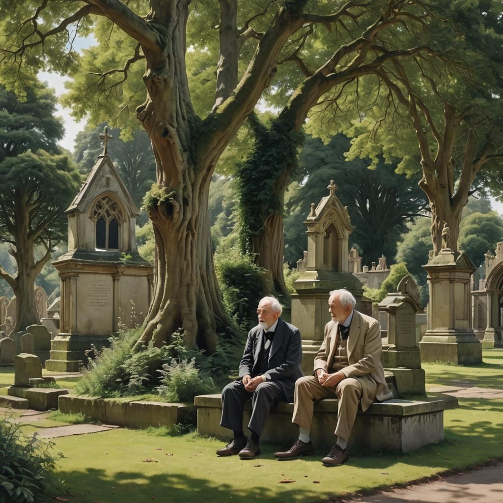 Old Man and Boy in Churchyard: Photorealistic Summer