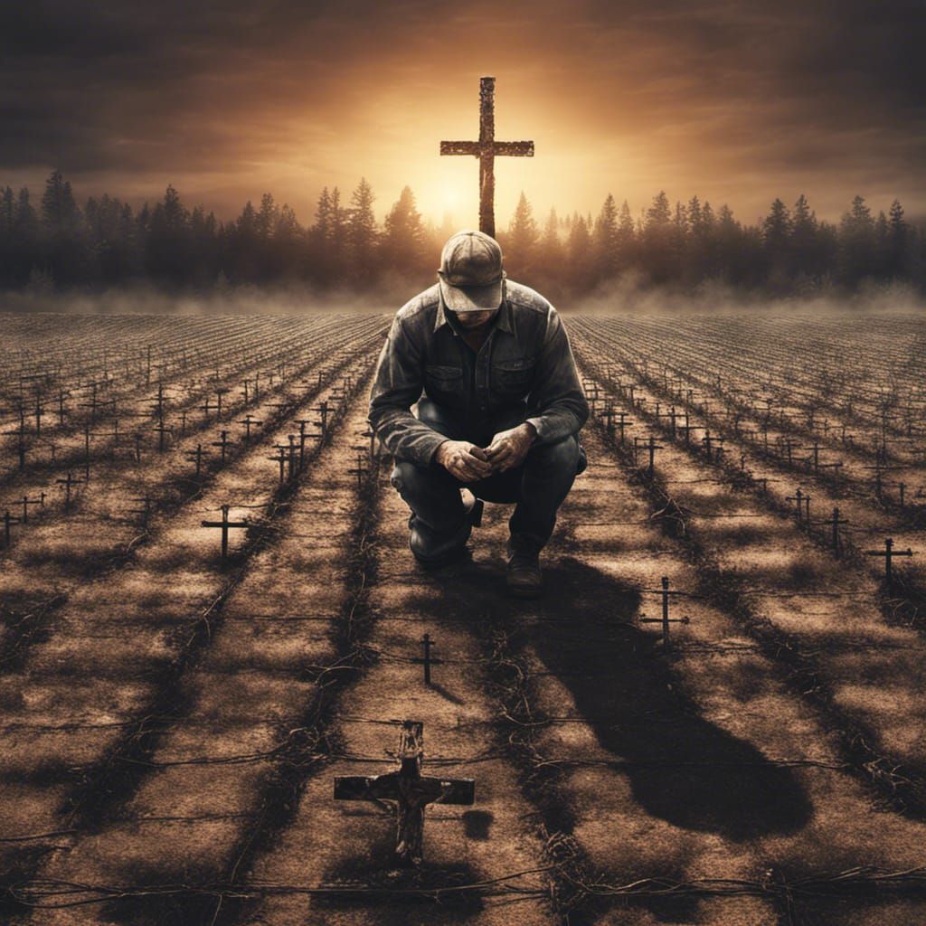Man Planting Charred Crosses in Field at Sunrise