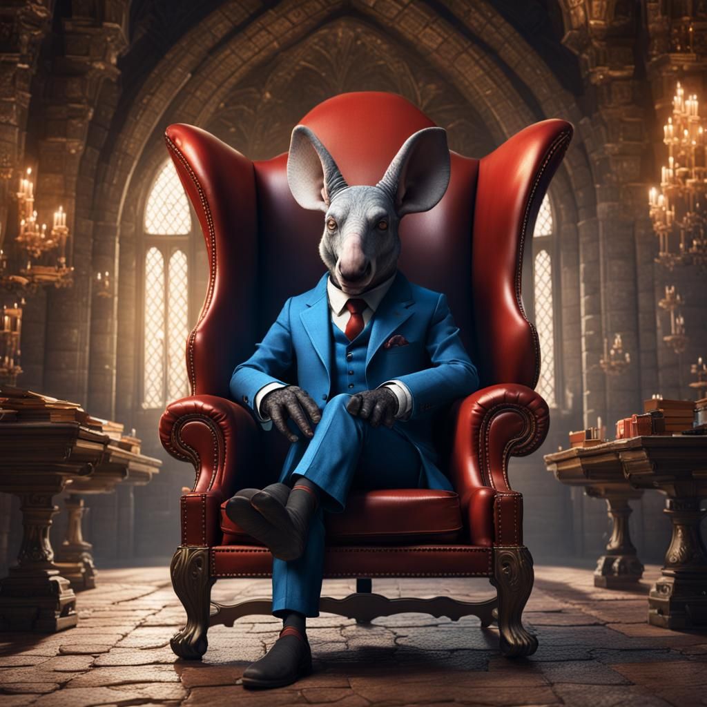 Anthropomorphic Aardvark in Castle, Detailed Matte Painting