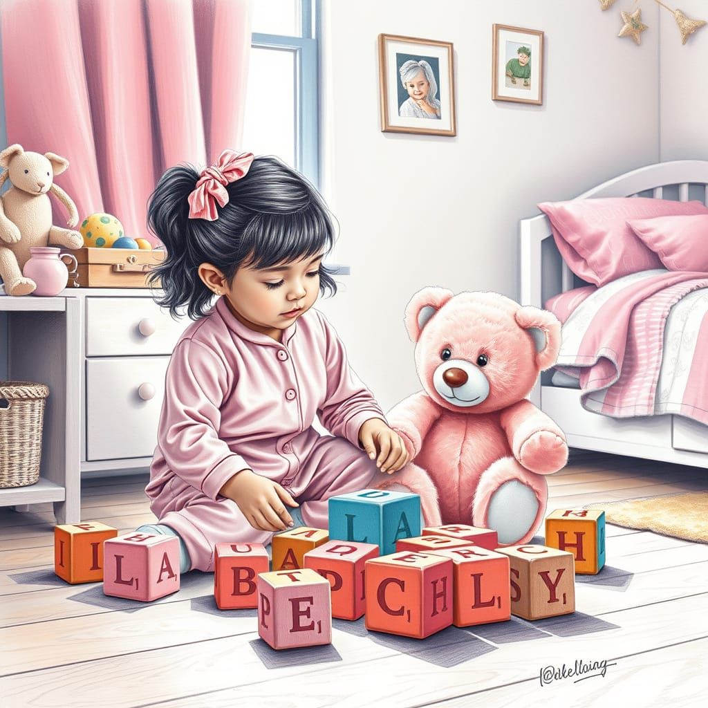 Cozy Bedroom Scene with Girl and Teddy Bear