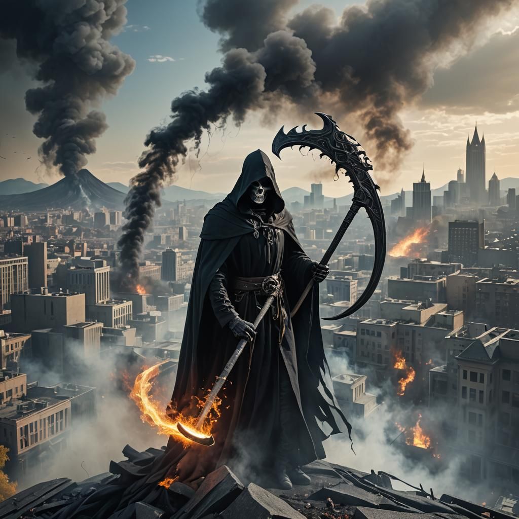 Grim Reaper in Cityscape with Scythe