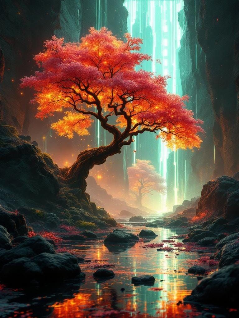 Neon River: Green and Orange Digital Art