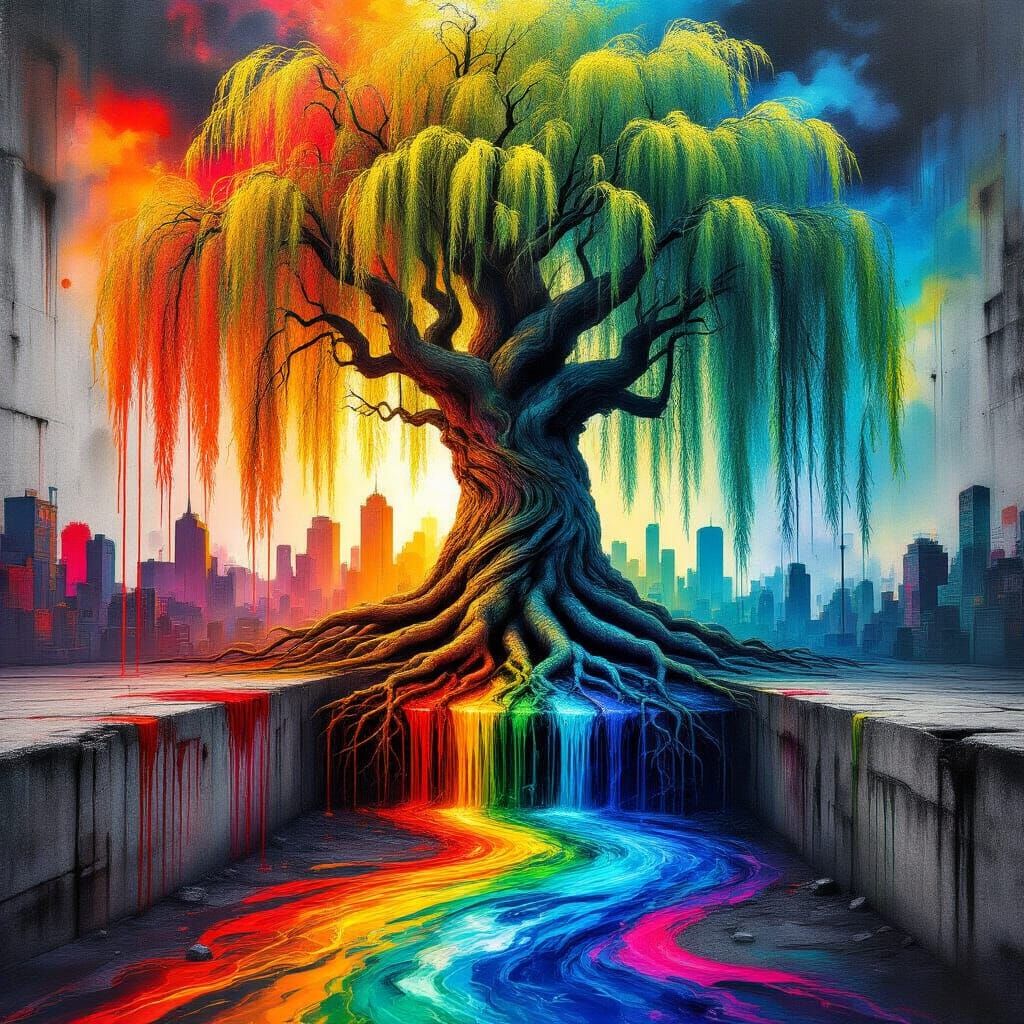 Surreal Willow Tree Over Abstract City in Alcohol Ink Style