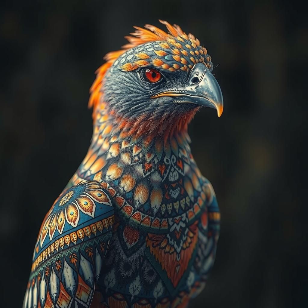 Tribal Tattoo Bird in Taiga Forest: Fantasy Realism Art