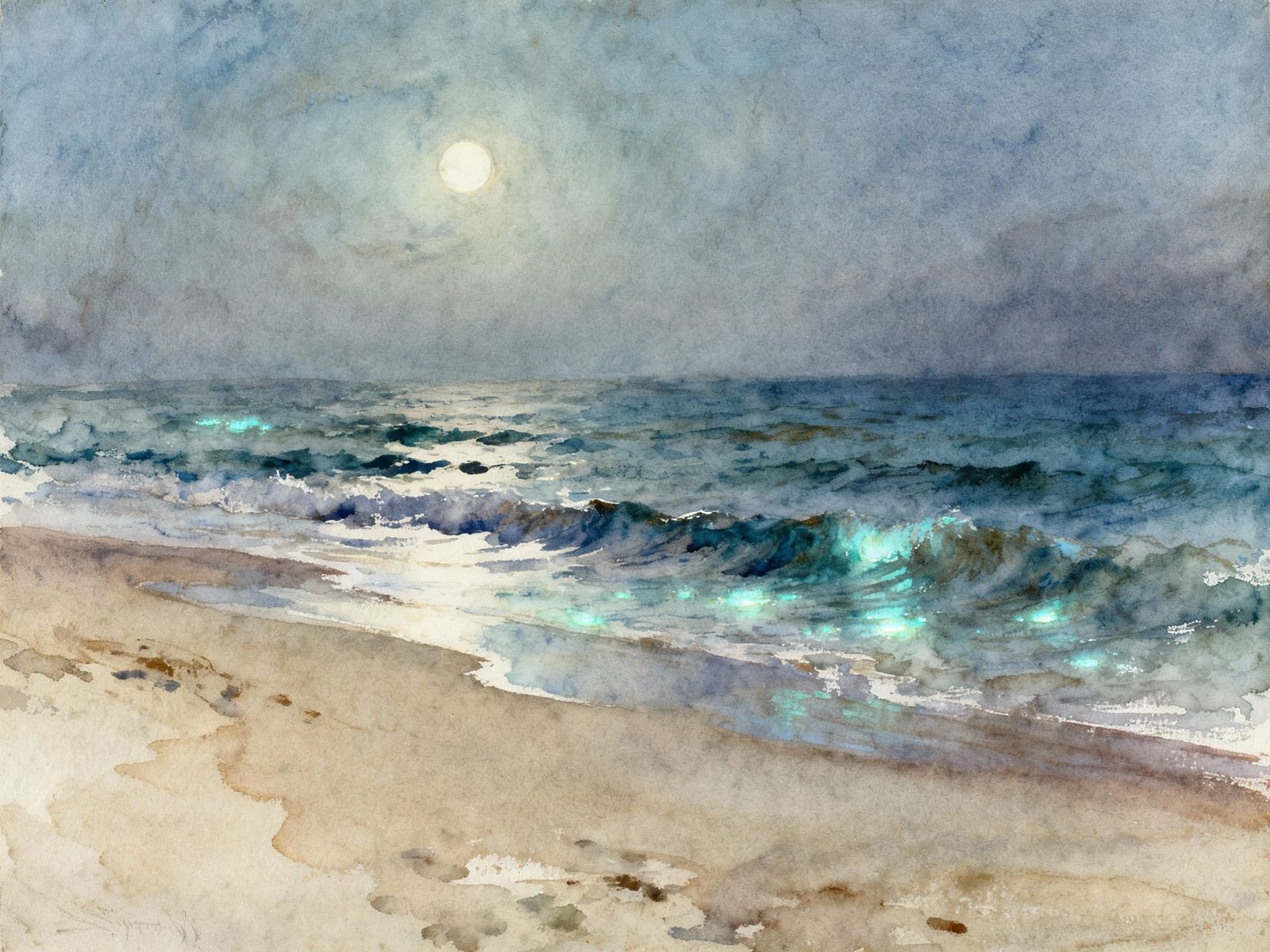 Serene Beach Nightscape in Expressive Watercolor Style