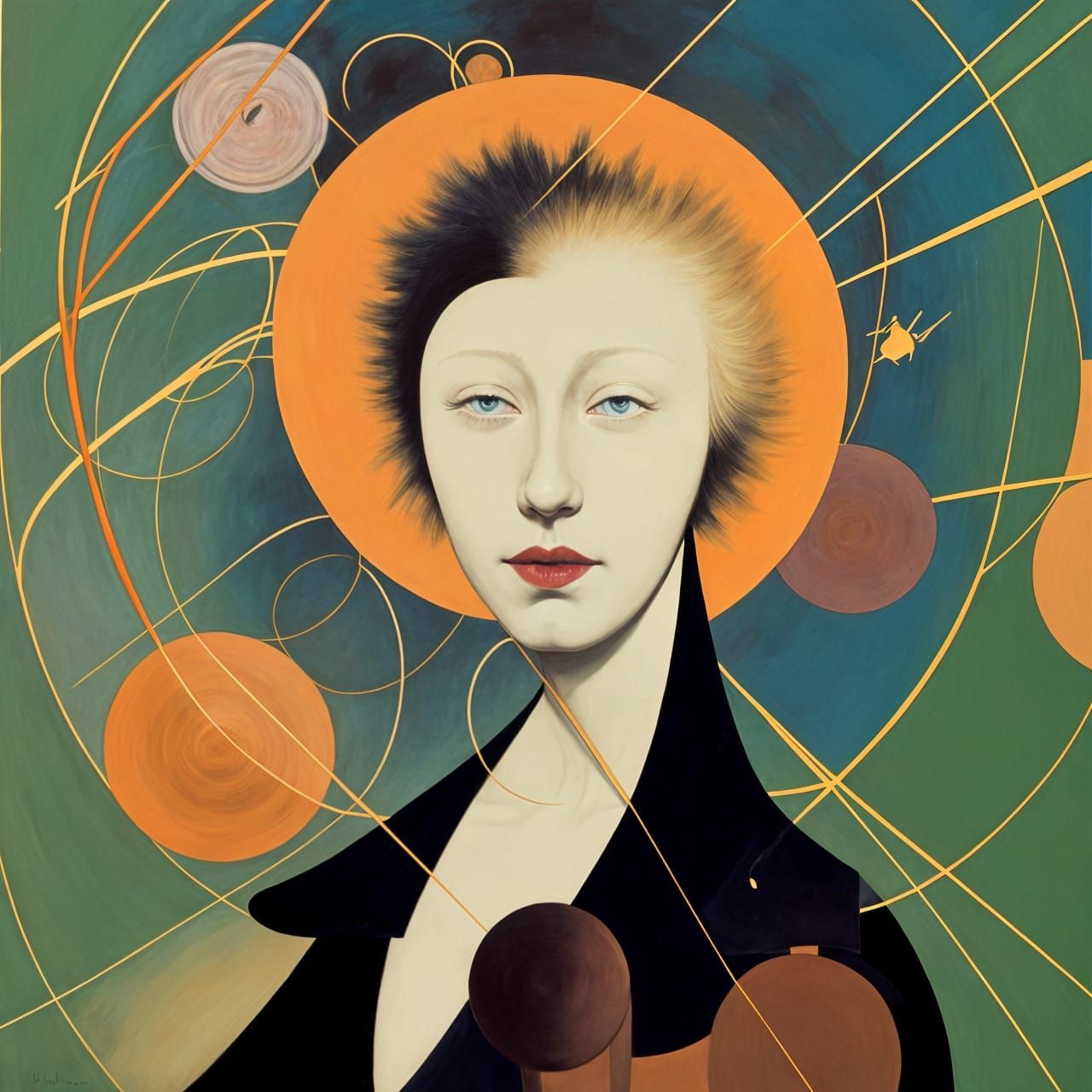 Radiant Woman Surrounded by Circles in Academic Style