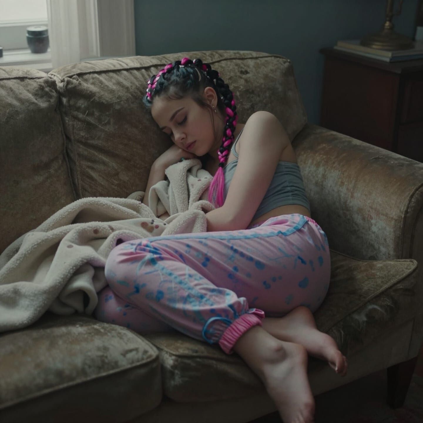 Punk Girl Asleep on Couch in Cinematic Film Still