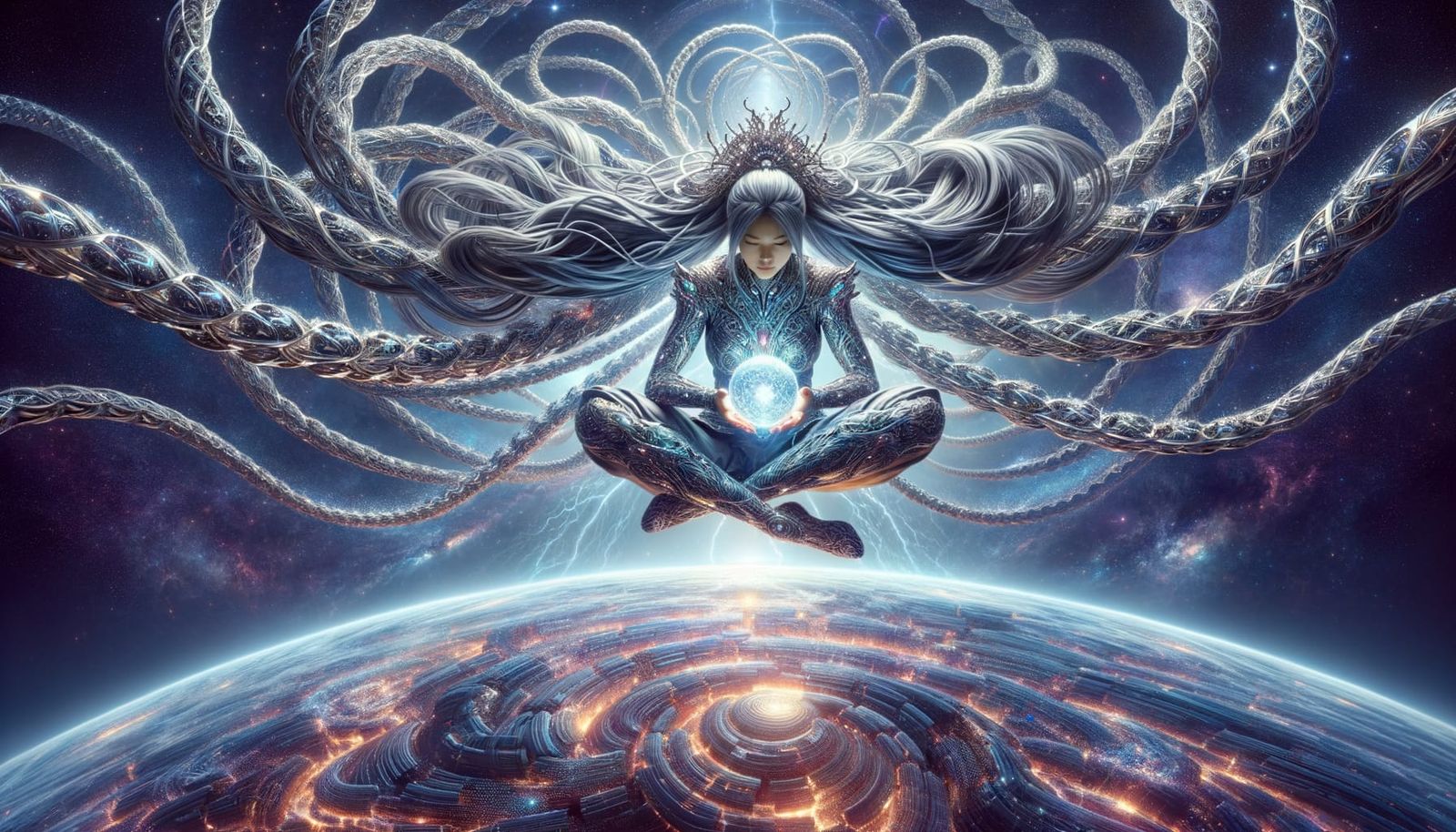 Female Ninja Soars Over Cosmic Chasm in Radiant Armor