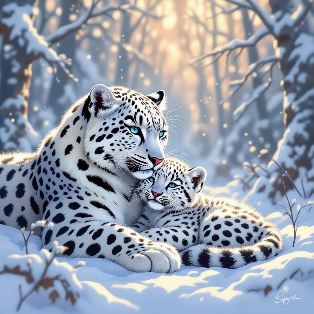 Snow Leopard Family in Snowy Forest, Art Style