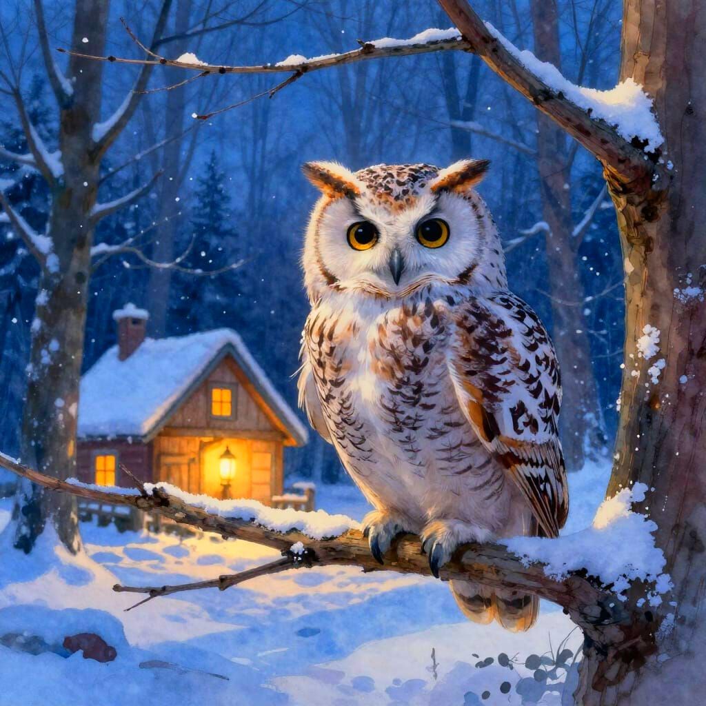 Wise Owl on Snowy Branch Near Cozy Cottage