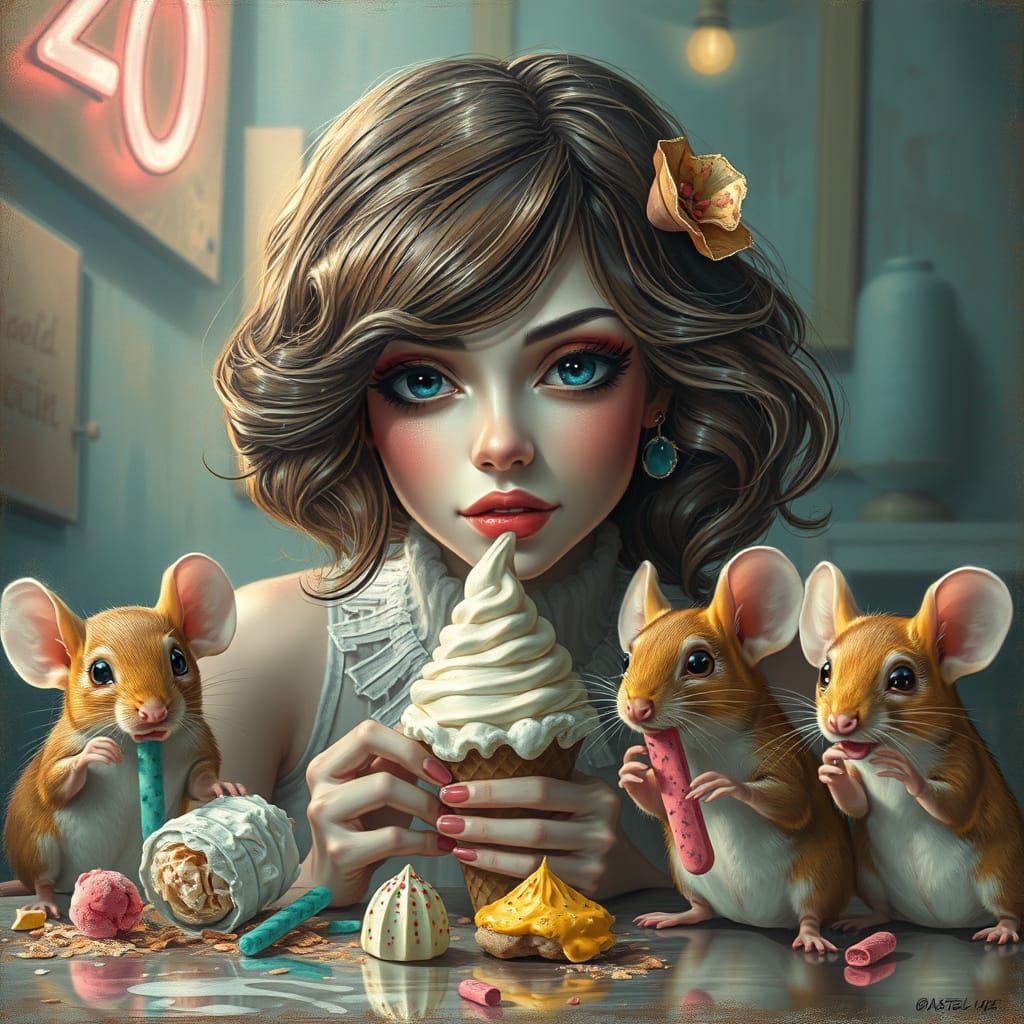 Vibrant Whimsical Mice Feast on Ice Cream and Popsicles in a...