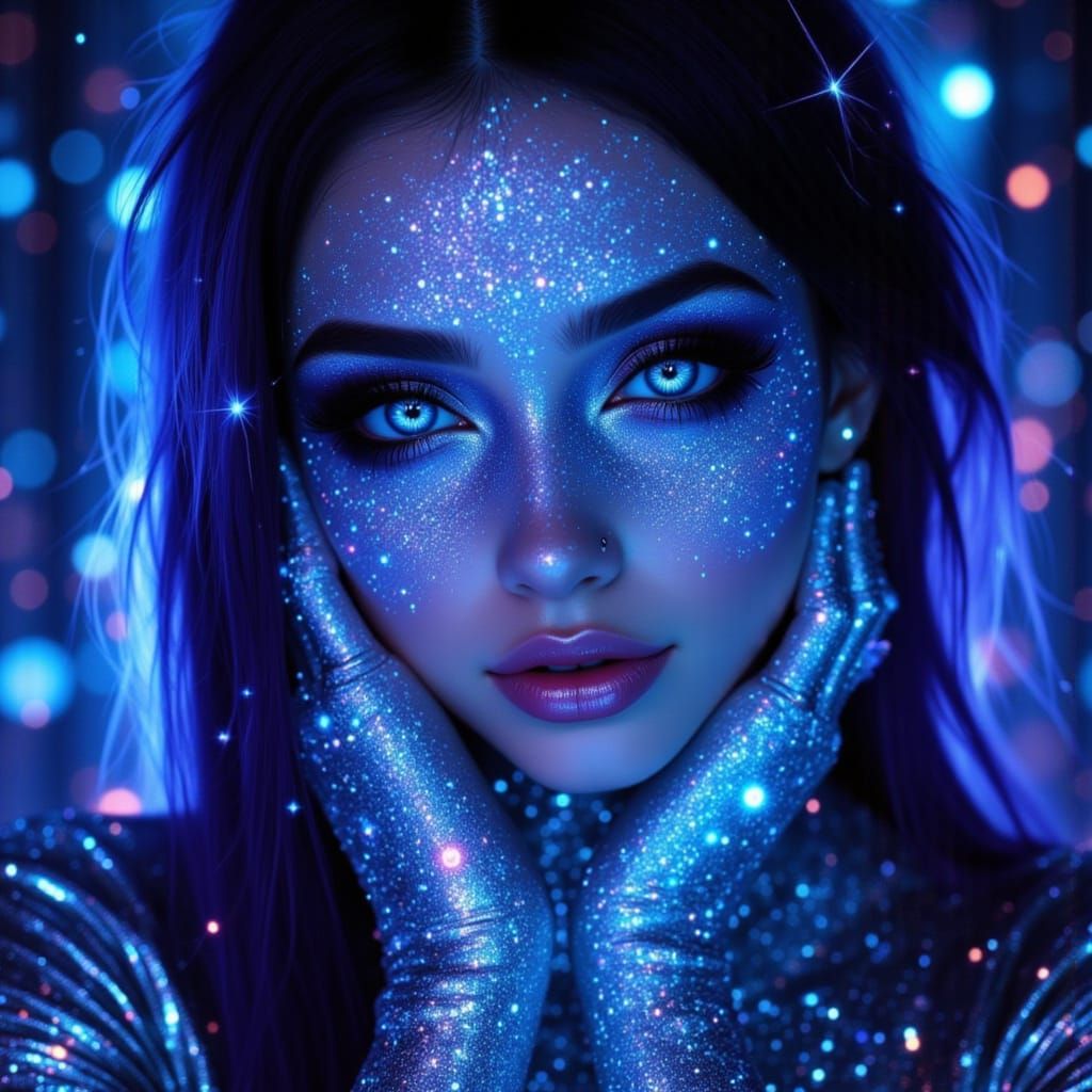 Woman in Iridescent Tuxedo with Blue Glowing Eyes in Outer S...