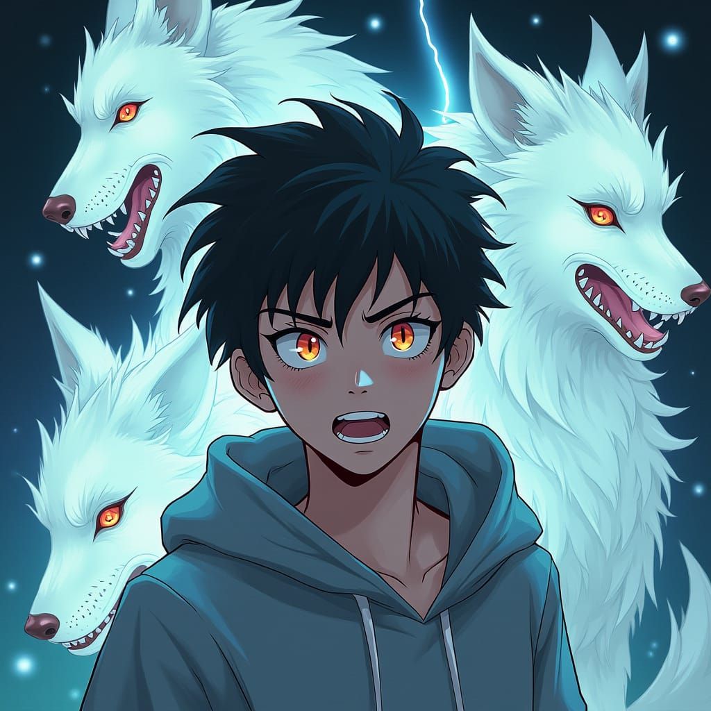 Ethereal Hounds Empower a Fierce Warrior, Anime Style