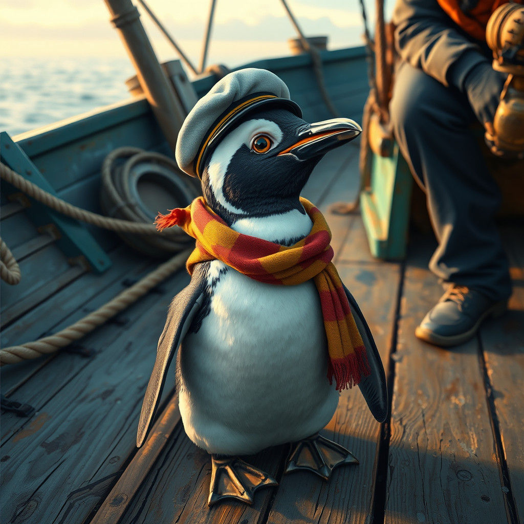 Hyperrealistic Penguin Awaits Fisherman in Serene Coastal Sc...