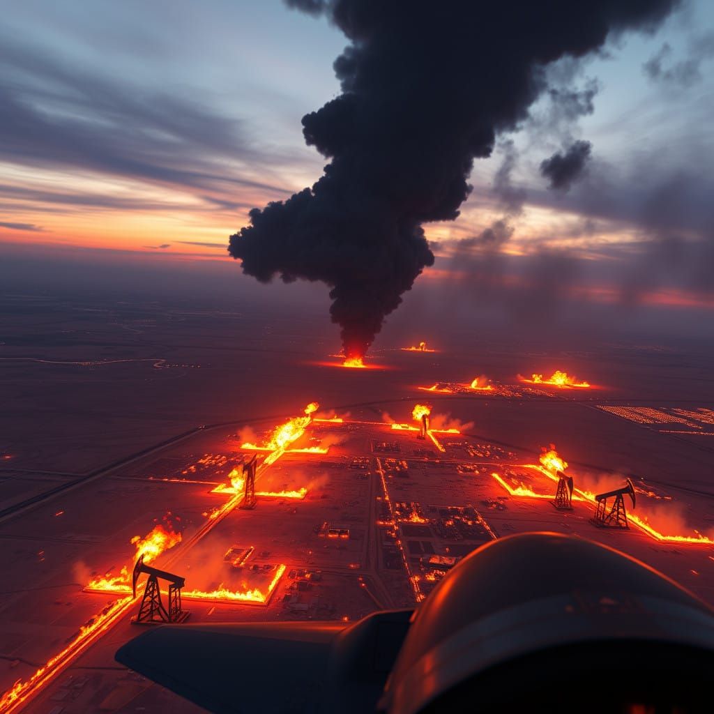 Futuristic Oil Field Inferno at Dusk