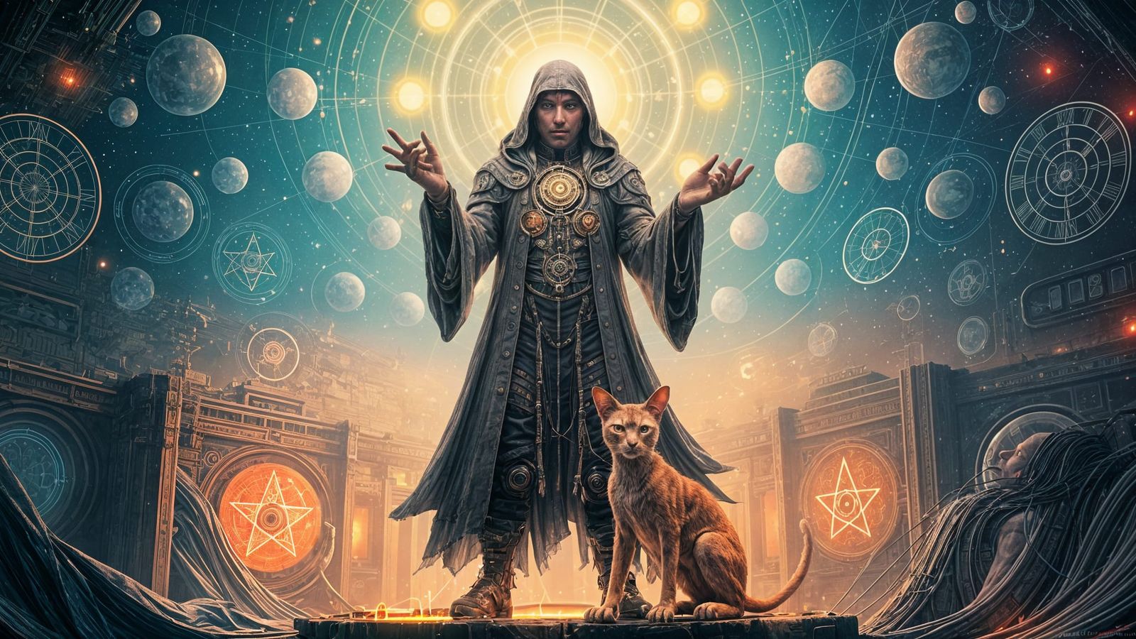 Cyberpunk Space Wizard and His Astrological Familiar