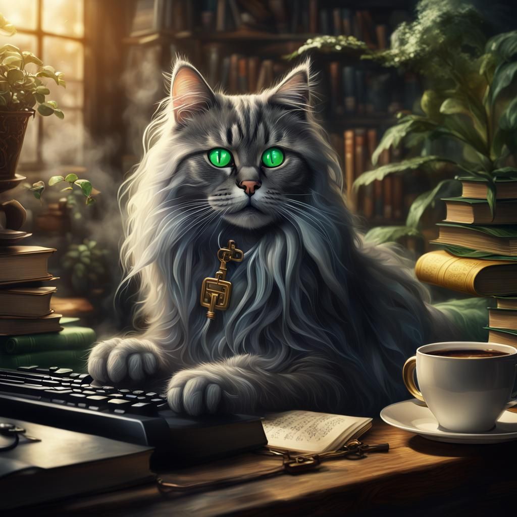 Grey Cat Typing with Coffee in Cozy Setting