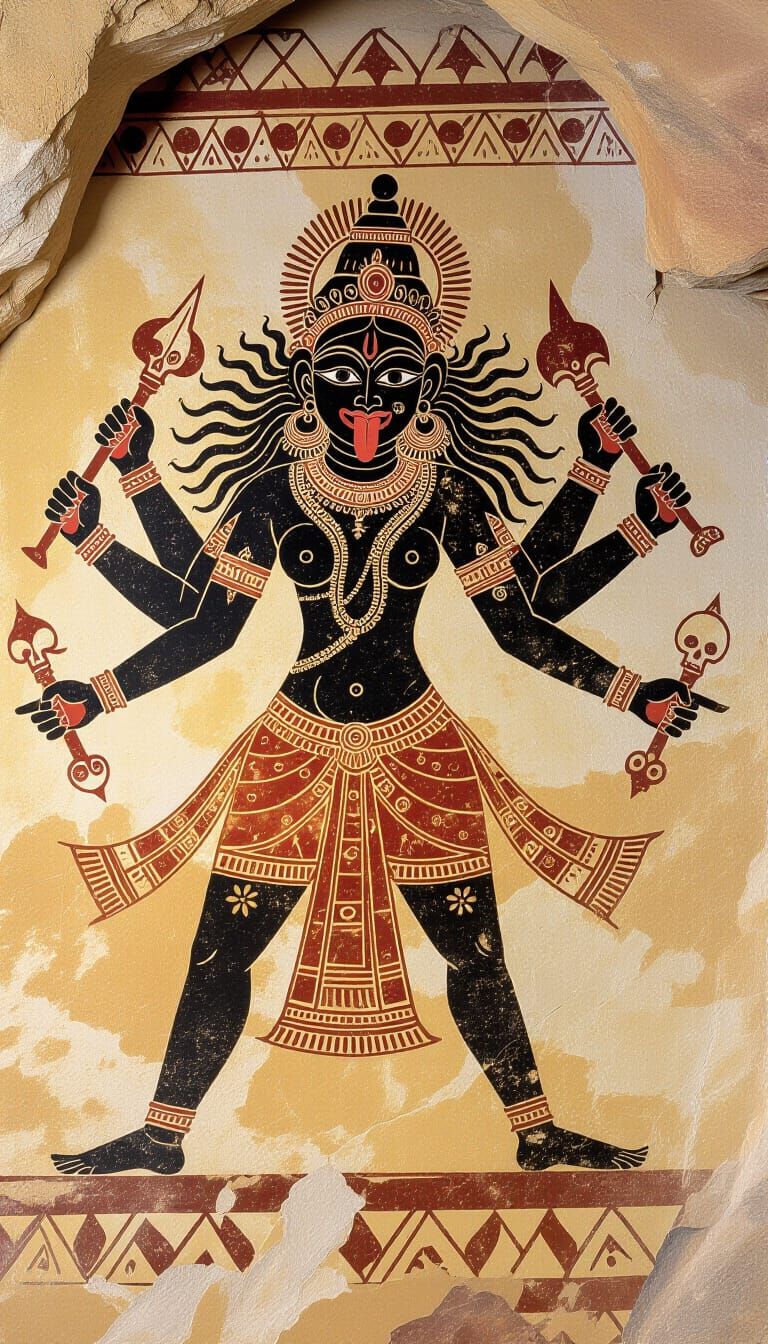 Ancient Cave Painting of Goddess Kali in Prehistoric Style