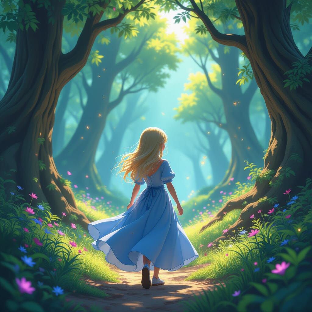 Anime Girl in Blue Dress in Mystical Forest