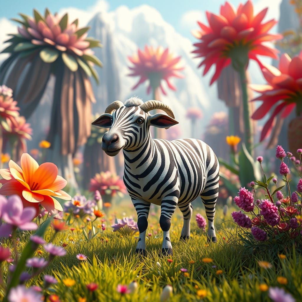 Whimsical Zebra-Striped Sheep in Vibrant Fantastical Landsca...