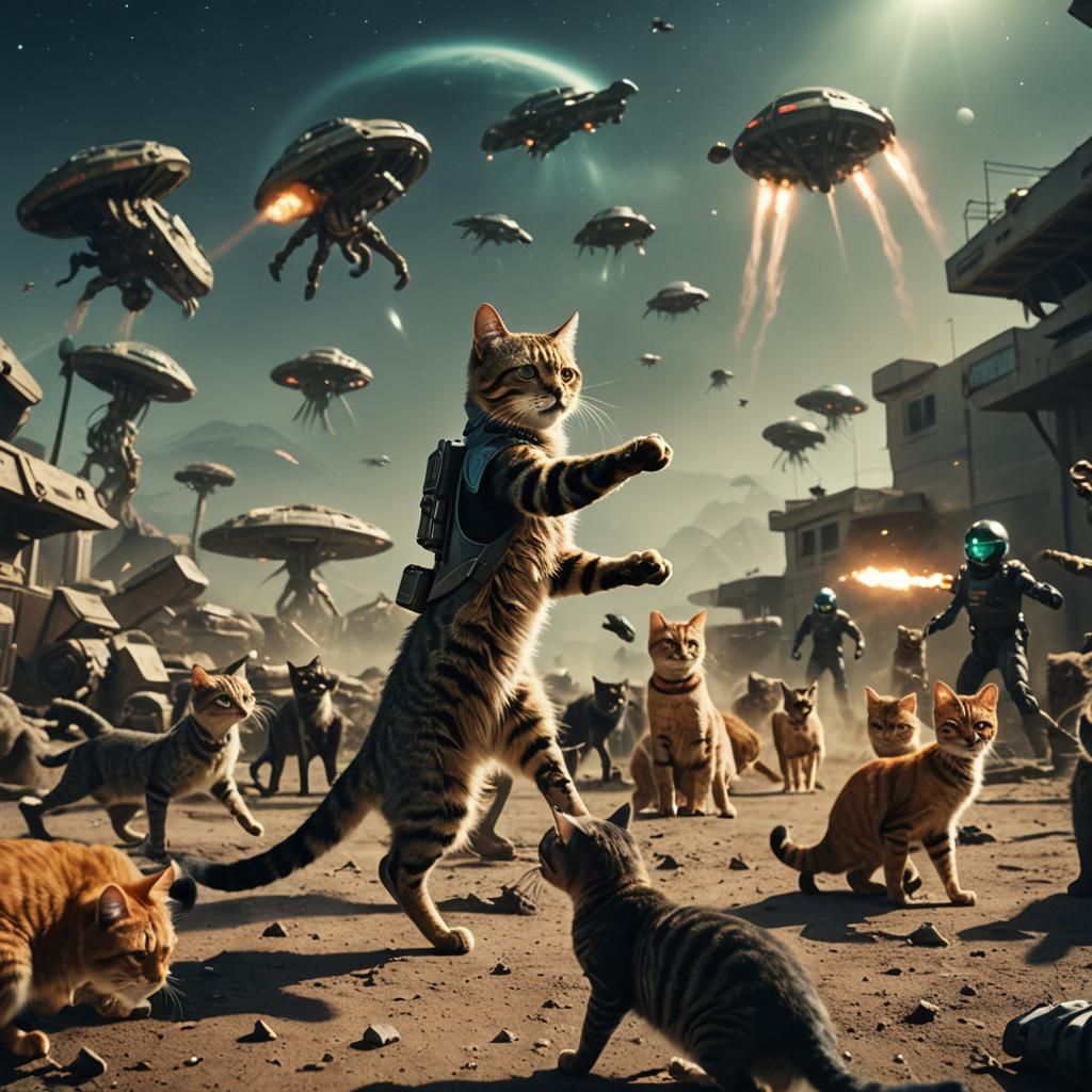 Cats Save the World from Aliens: Cinematic Film Still
