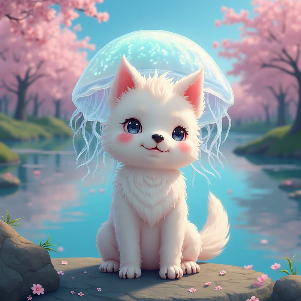 Moon Jellyfish Dog Enjoys Cherry Blossoms Near Serene Lake