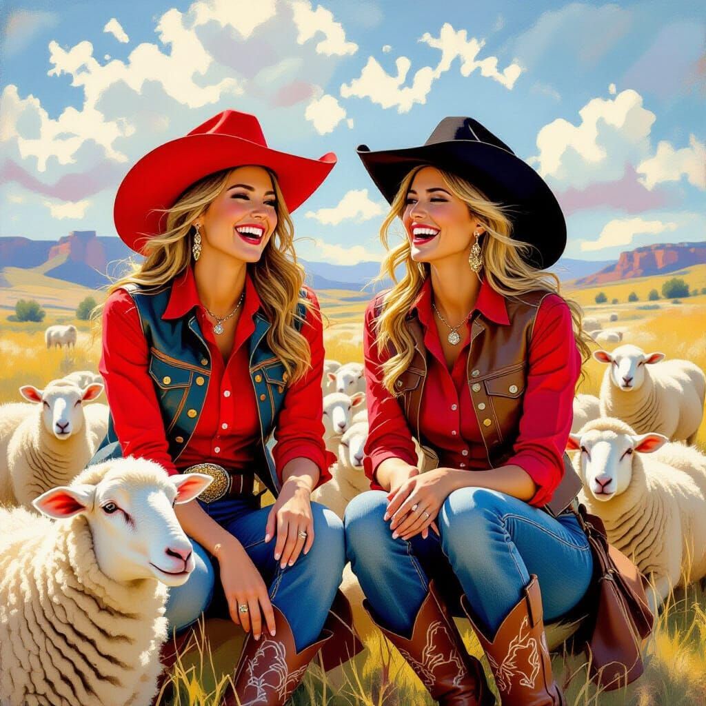 Cowgirls Laughing While Rounding Up Sheep, Western Art Style