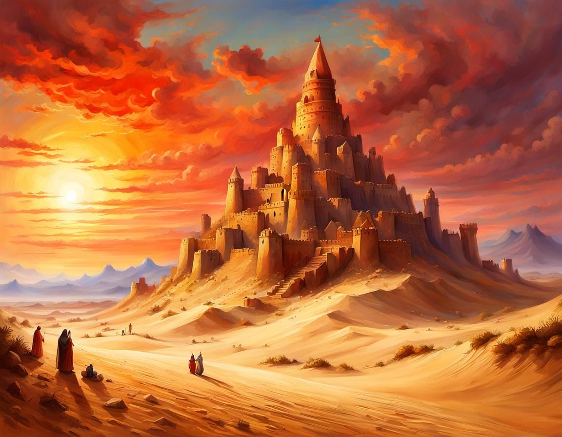 Medieval Sandcastle in Desert, Romantic Naturalism Illustrat...