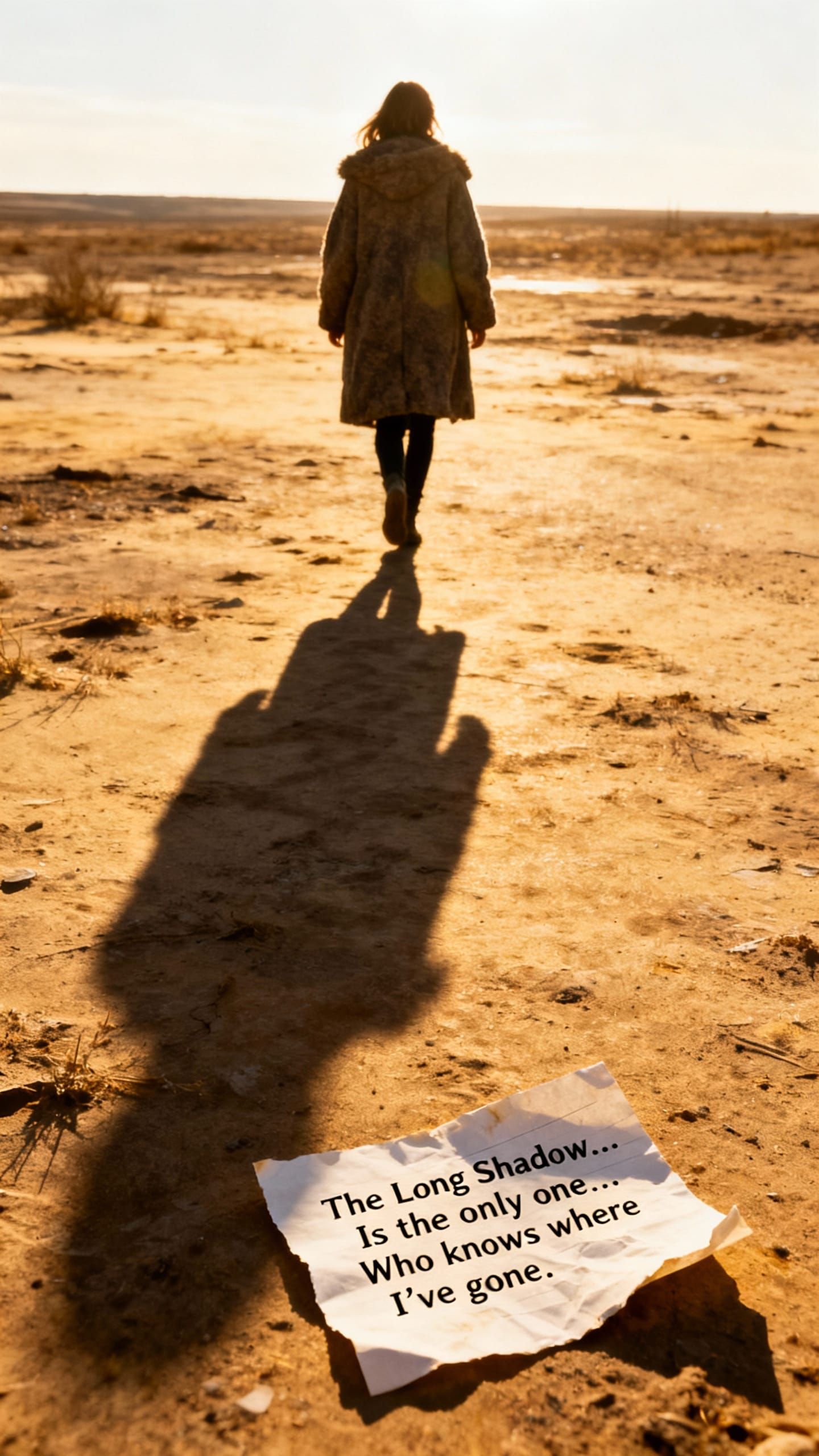 Woman's Long Shadow in Deserted Sun-Drenched Landscape