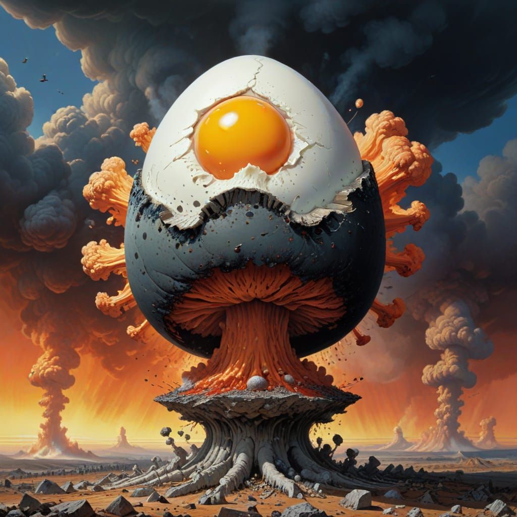 Angry Egg on Nuclear Cloud in Moebius Style