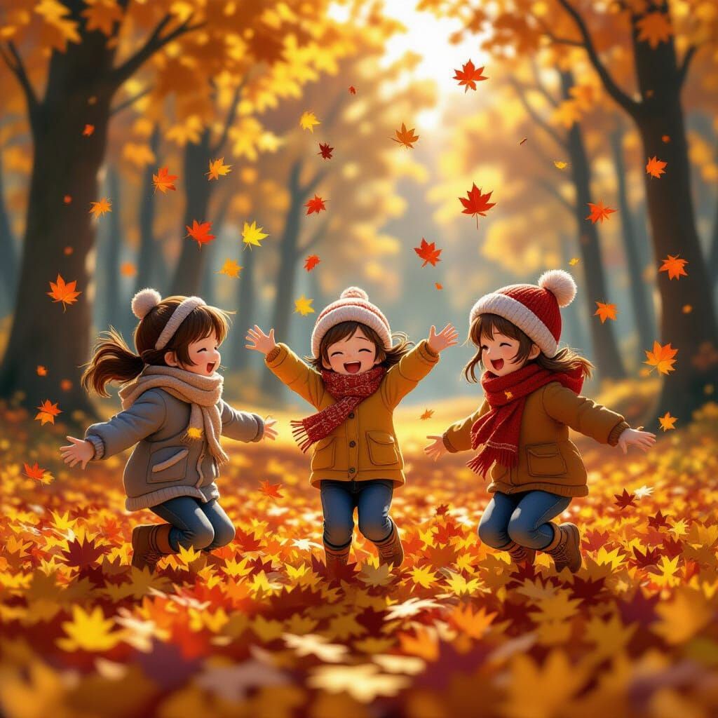 Children Leap into Autumn Leaves in Serene Forest