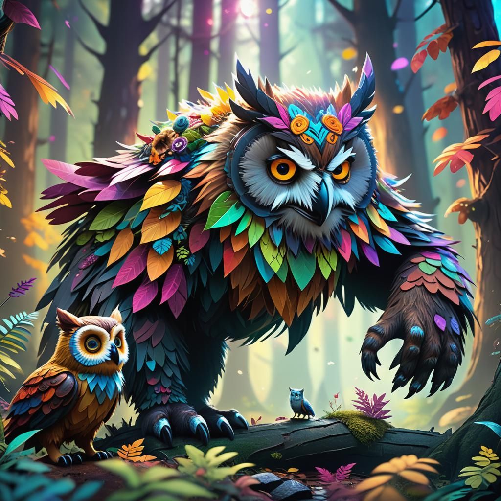 Owlbear and Furry Friends in a Colorful Forest