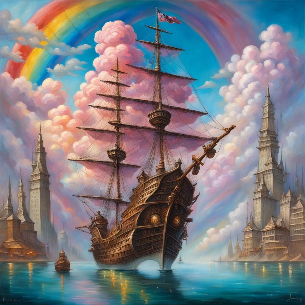Pirate Ship Sailing to Rainbow City: Magical Oil Painting