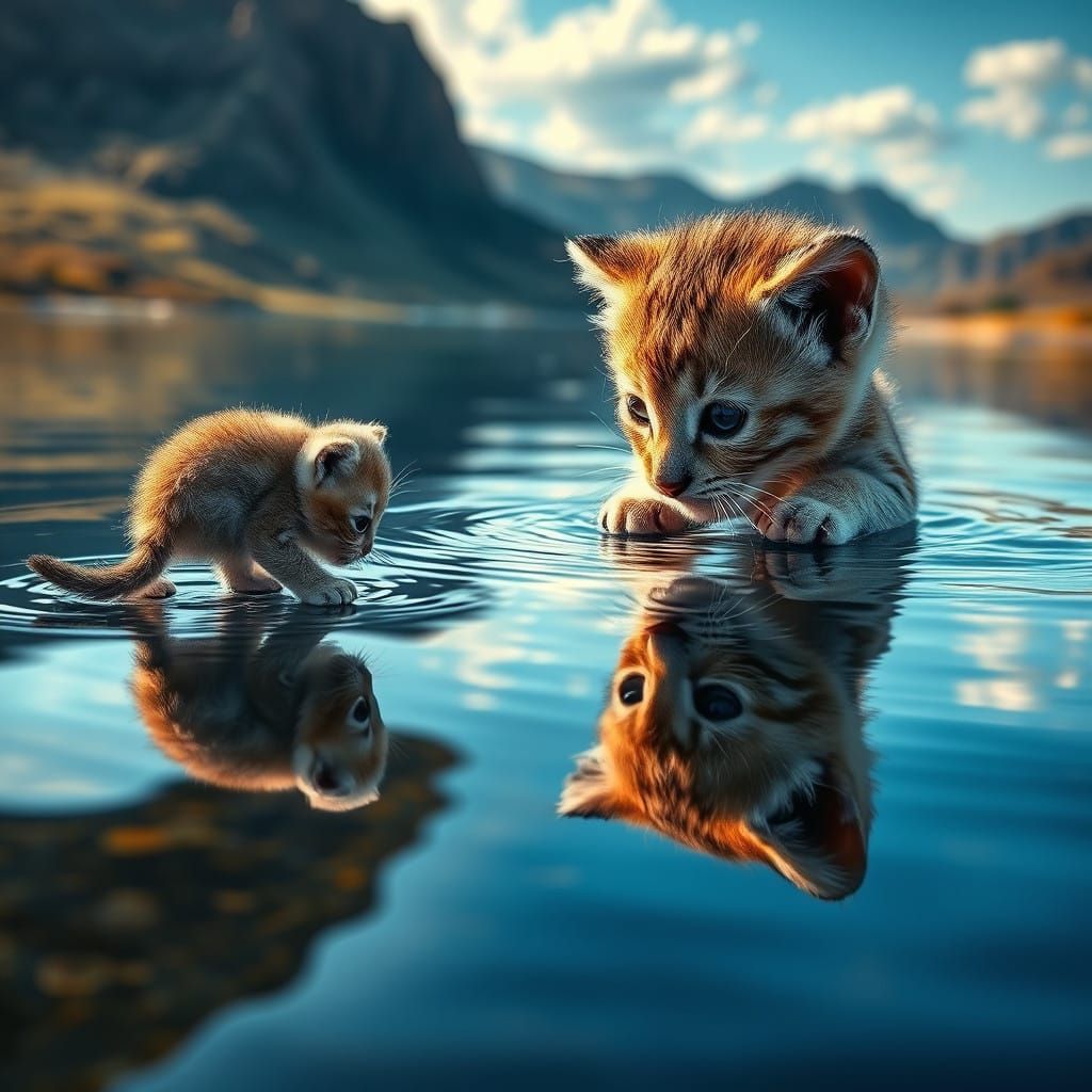 Serene Reflections: Curious Kitten Meets Majestic Lion