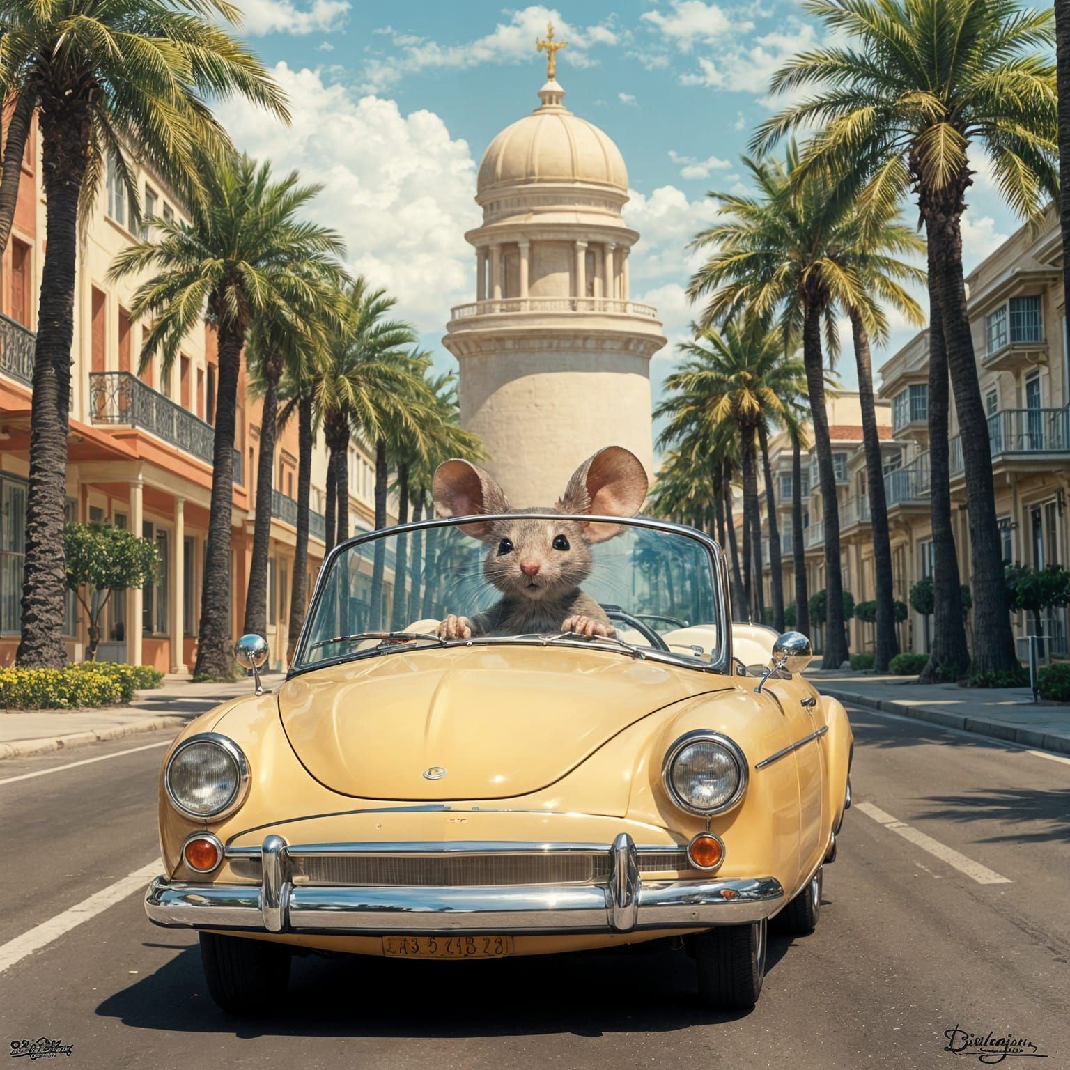 Mouse Driving Vintage Bubble Car in Photorealistic Detail