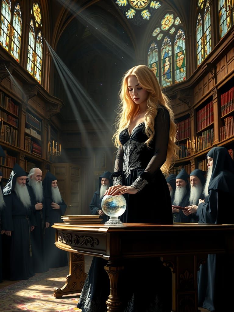 Renaissance Library Scene with Velvet Gown