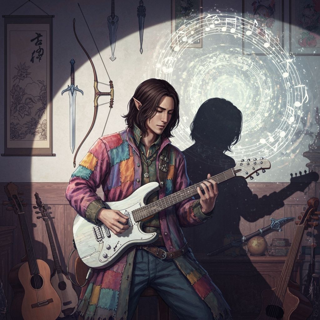 Solarpunk Minstrel Conjuring Portal in Anime Style