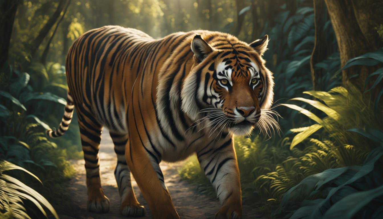 Zebra Striped Tiger in Jungle, Hyperrealistic Digital Art