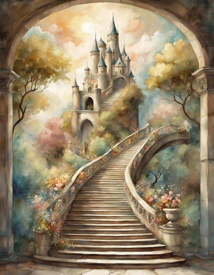Musical Staircase Ascends in Watercolor Dreamscape