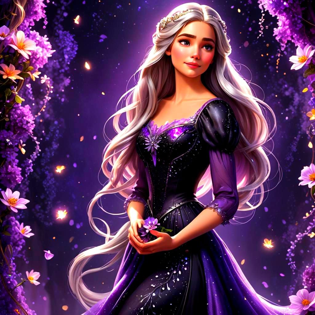 Rapunzel in Black and Purple Dress: 3D Digital Art